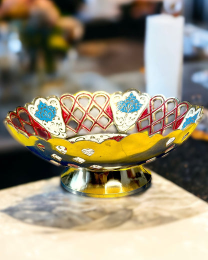 Brass Fruit Bowl with Cutwork and Meenakari - 8 inches