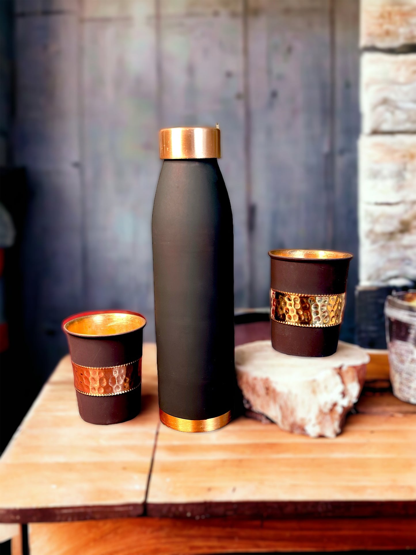 Copper Bottle with Two Glasses with Matt Finish Coat