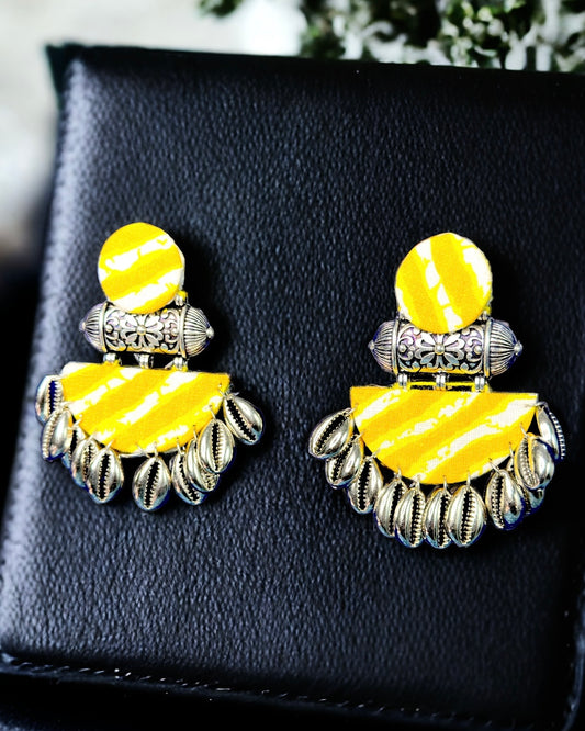 Fabric Handmade Earrings with Metal Shells - Yellow/ White Painted