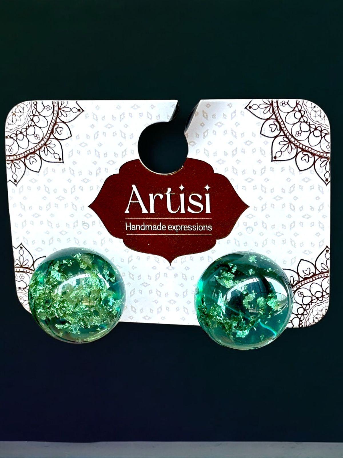 Handmade Turquoise Glass Stud Earrings | Round Dome Shape with Metallic Flakes | Glossy Artisanal Finish