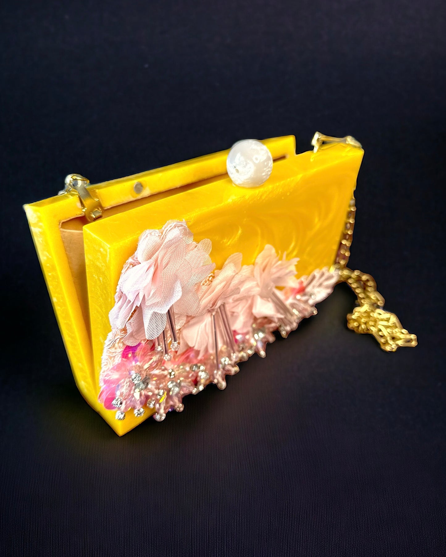 Handcrafted Flowers on Resin Clutch