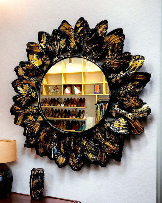 Handmade Black/ Golden Painted Flower Mirror - 2 feet  & 3 inches