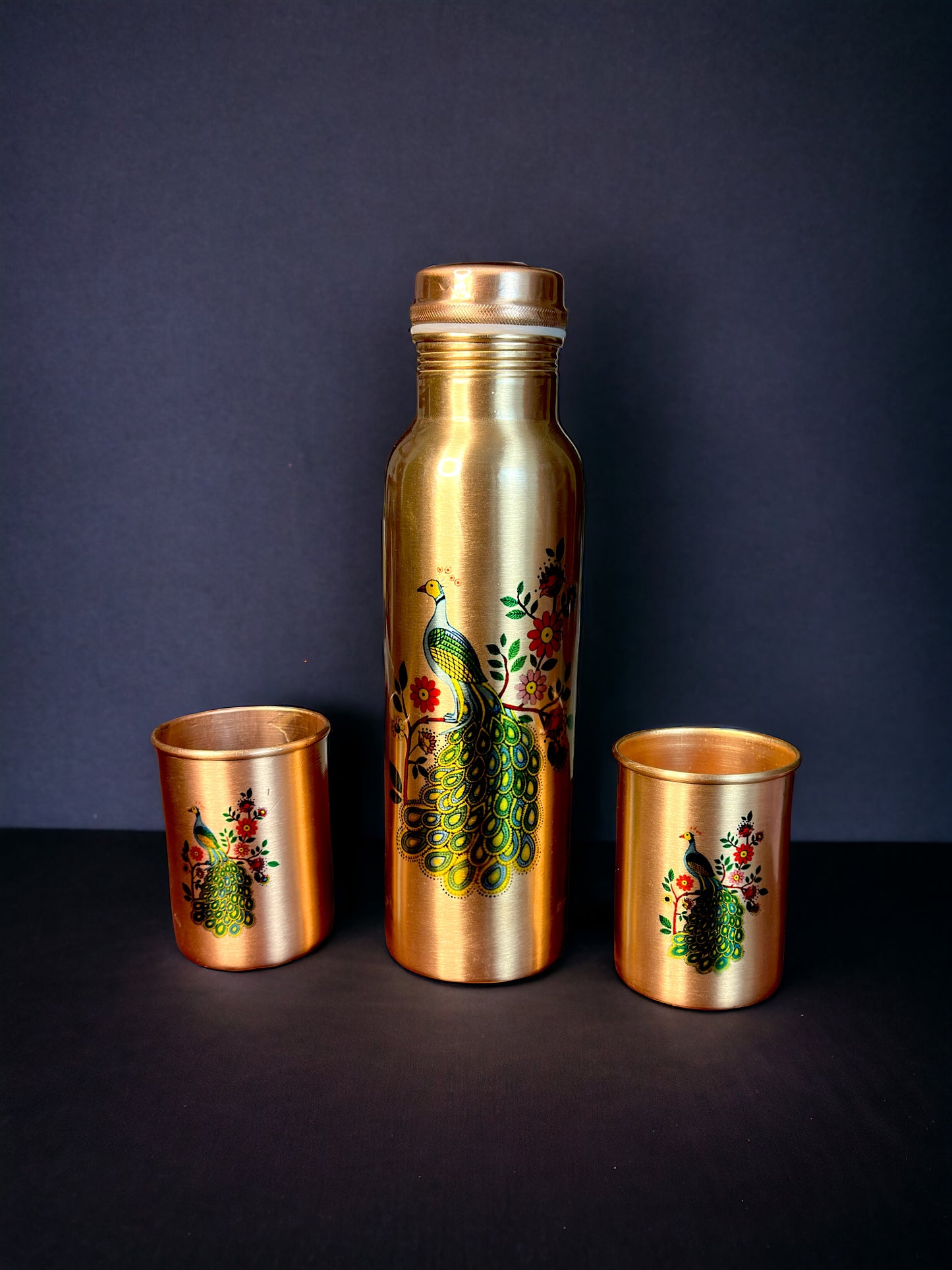 Copper Bottle with Two Glasses Peacock Design - 900 ml