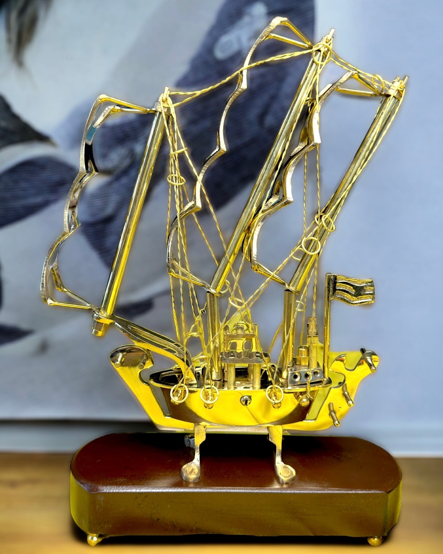 Brass Ship with Wooden Base - 10 inches