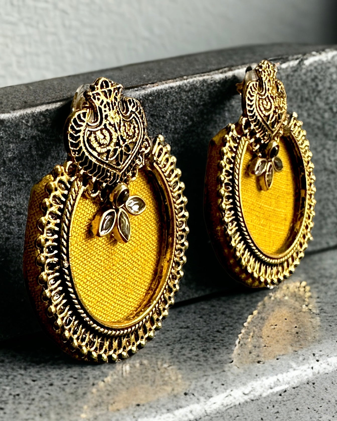 Fabric Earrings - Yellow with Kundan Work and Metal Embellishment