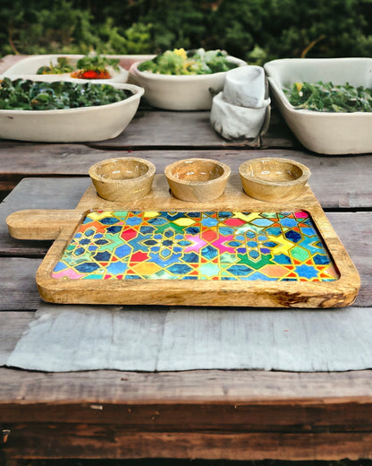 Handmade Mangowood  Serving Platter with Dipping Pot Set