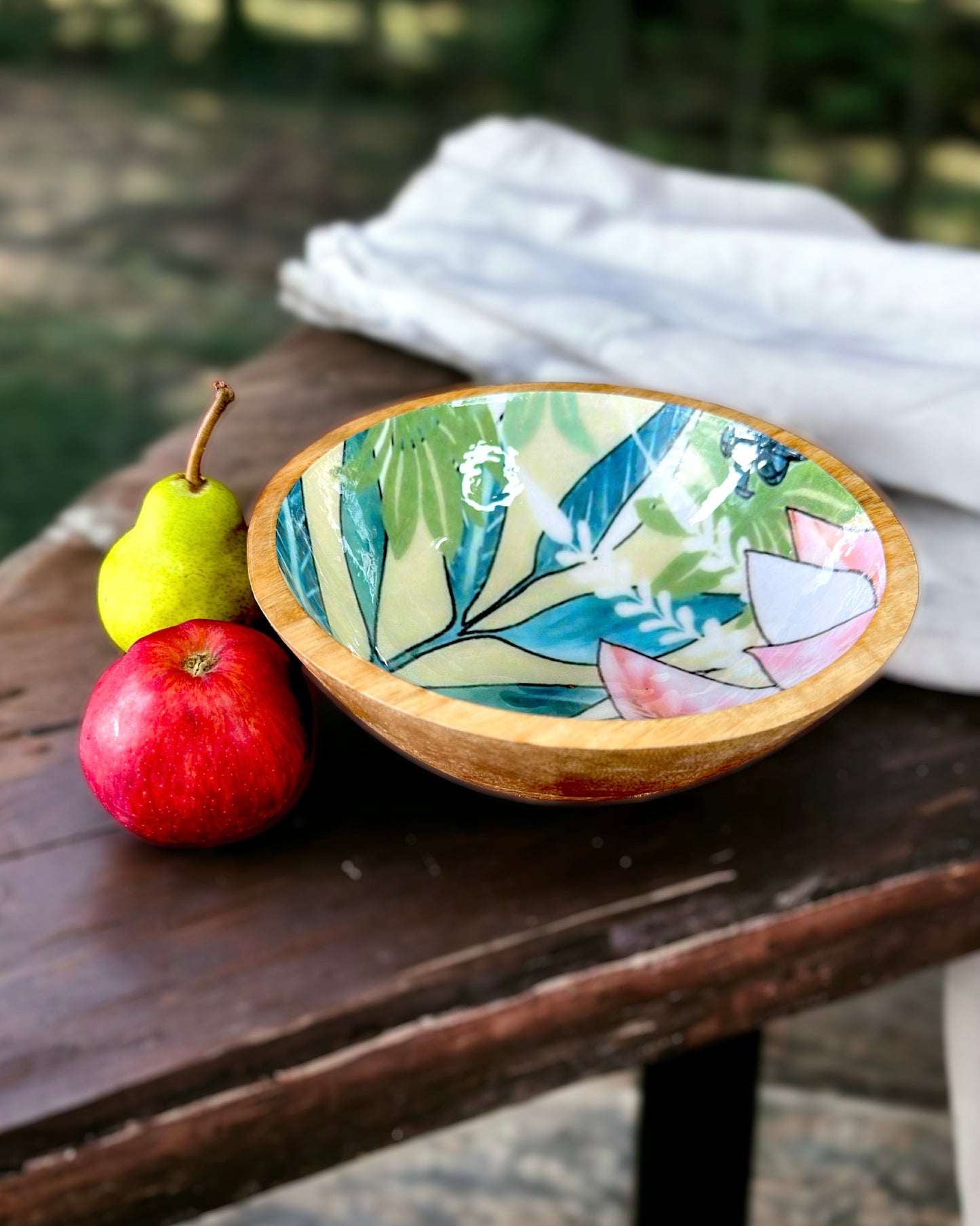 Hand Crafted Serving Bowls Wooden Enamel Flower Print - 8 Inches