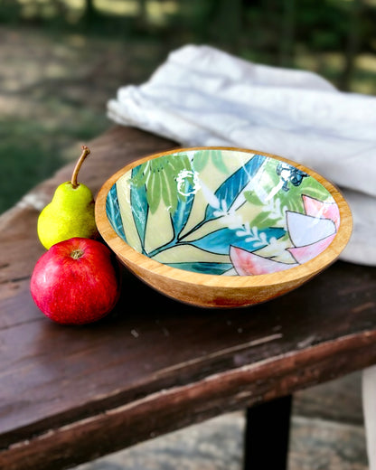 Hand Crafted Serving Bowls Wooden Enamel Flower Print - 8 Inches