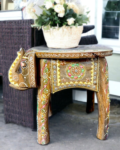 Artisanal Elephant Stool - Coloured with Embossed Painting and Mirror Work - 12"