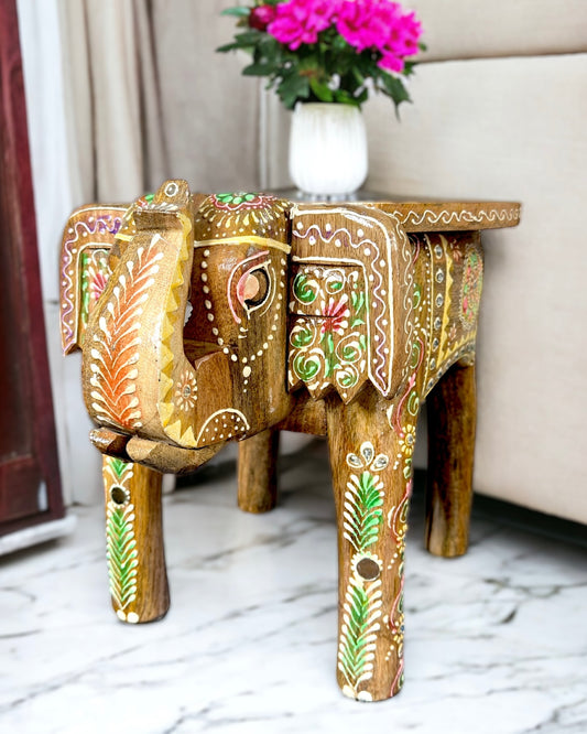 Artisanal Elephant Stool - Coloured with Embossed Painting and Mirror Work - 12"