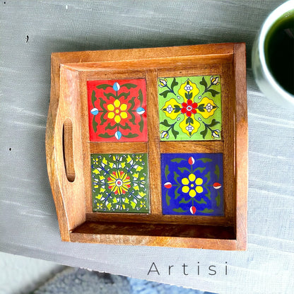 Blue Pottery and Wooden Handmade 4 Tile Tray