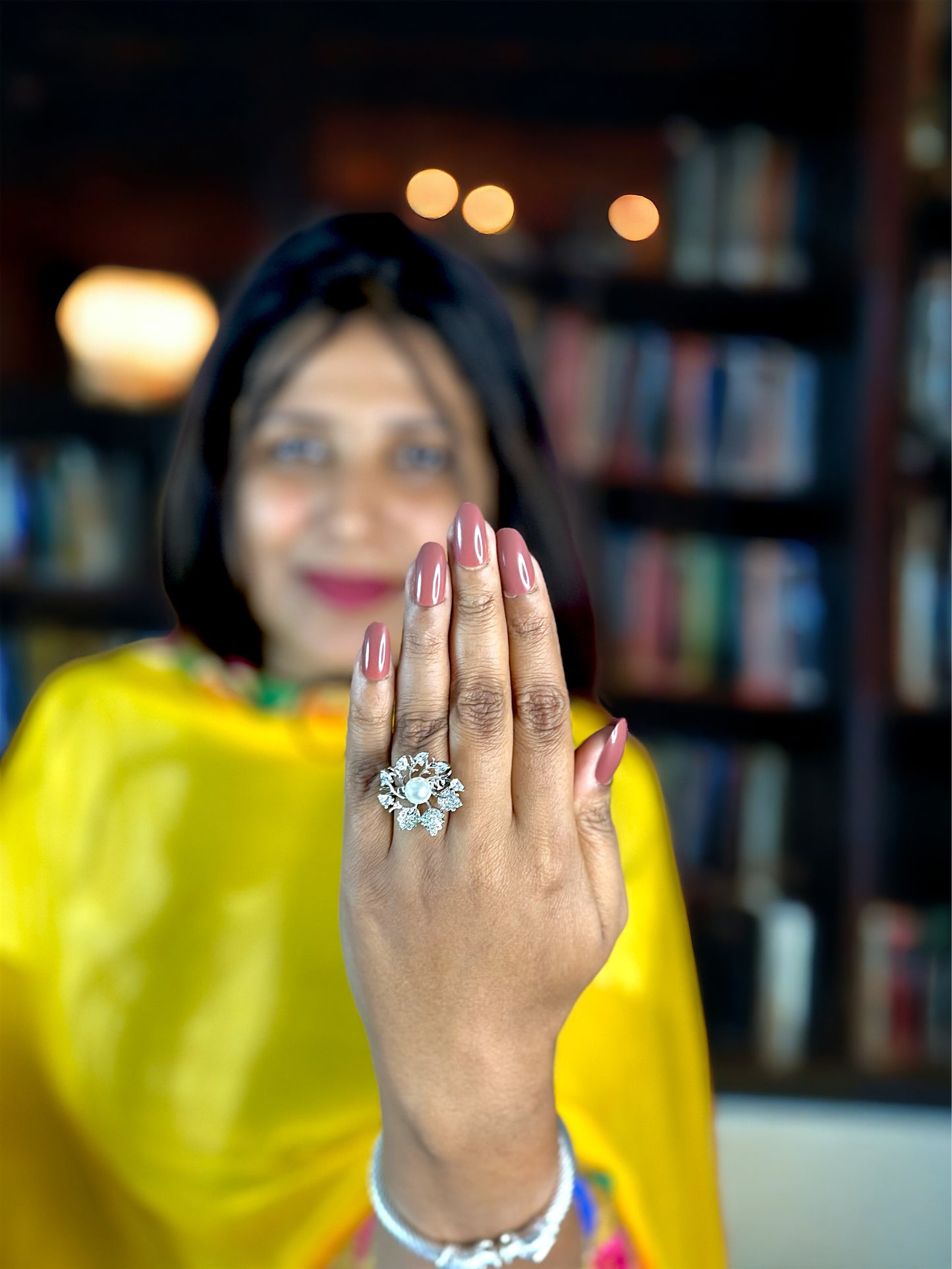 American Diamond Flower Shaped Ring with a Pearl