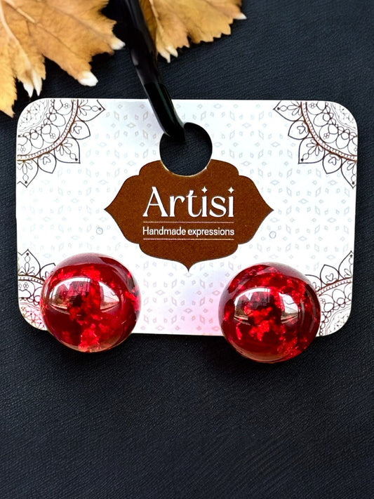 Handmade Red Glass Dome Stud Earrings | Round Crystal Effect | Glossy Finish