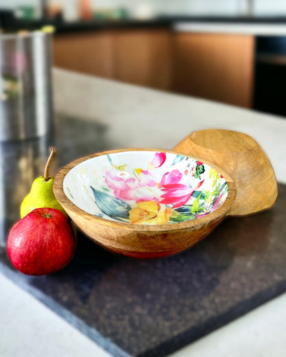 Hand Crafted Serving Bowl Wooden Enamel Flower Print - 8 inches