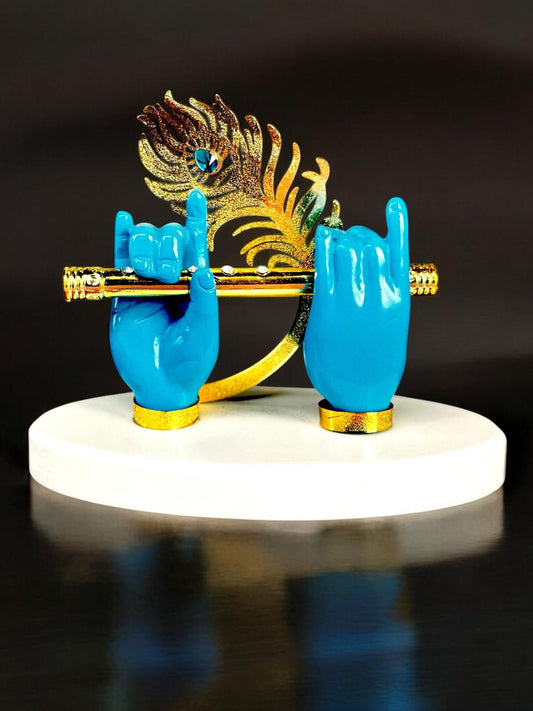 Graceful Krishna Hand with Flute & Peacock Feather – Metal & Resin