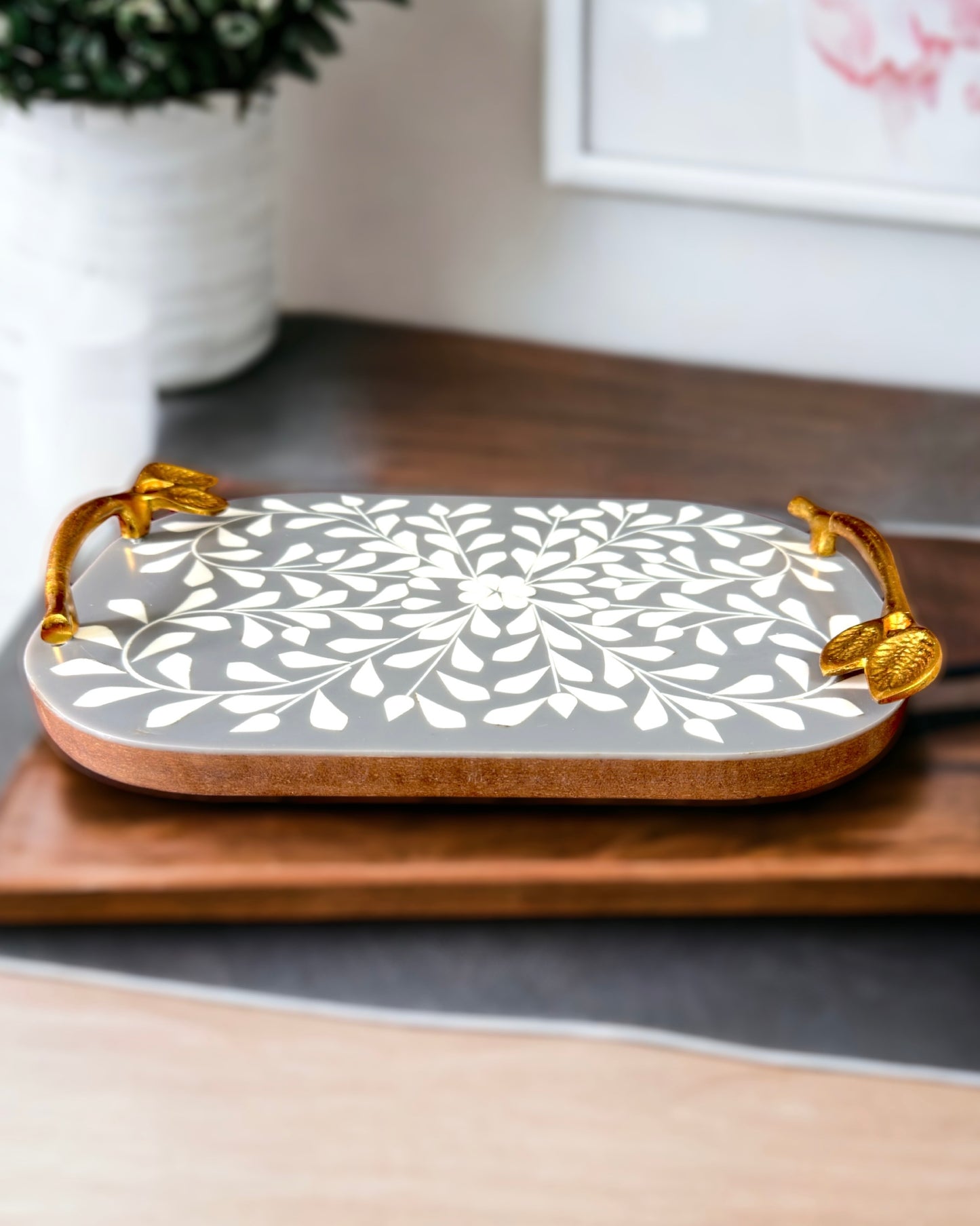 Handcrafted Oval Bone Inlay Leaf Tray, Grey - 12 x 8 inches