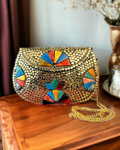 Embellished Gold and Multi Colour Mosaic Metal Clutch