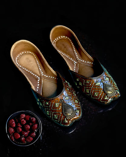 Artisanal Jutti - Brown with Mukaish Work, Pear Design (Pure Leather)