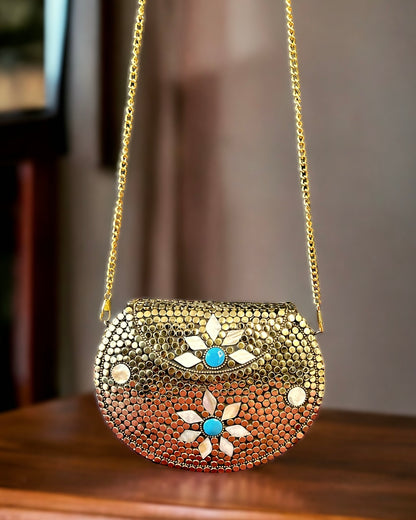 Mother of Pearl (MOP) Golden Embellished Metal Clutch