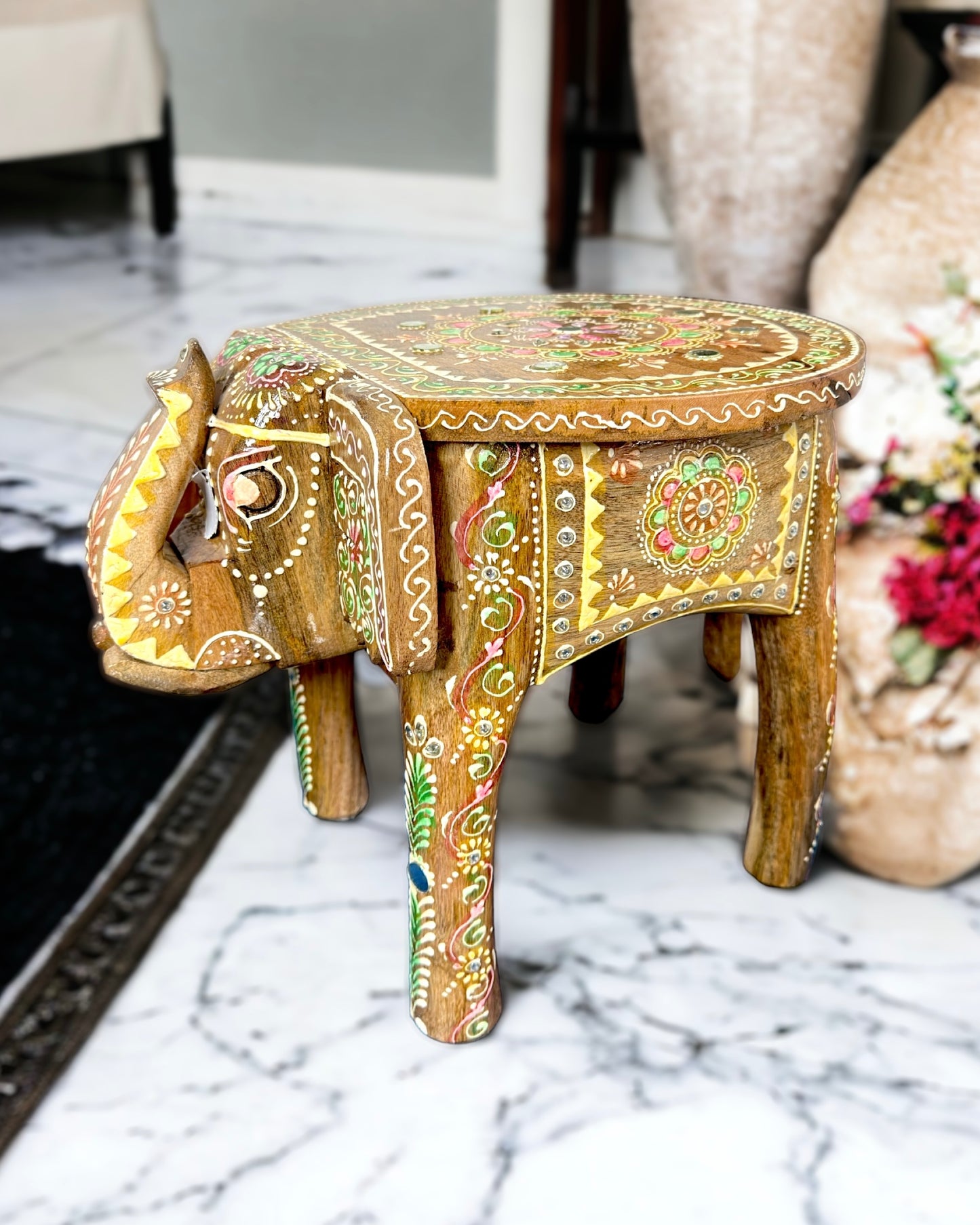 Artisanal Elephant Stool - Coloured with Embossed Painting and Mirror Work - 12"