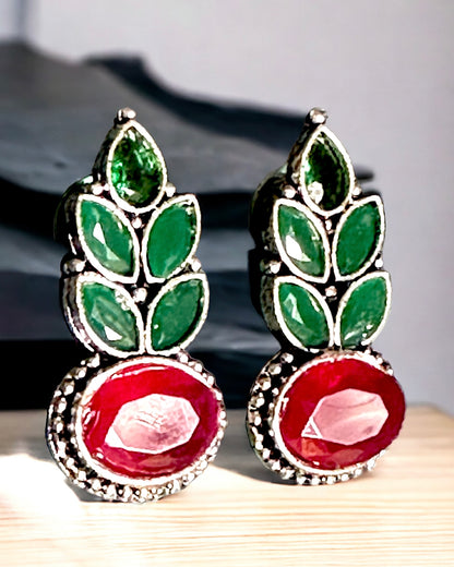 Oxidised Leaf Design Earrings - Red/ Green Stones