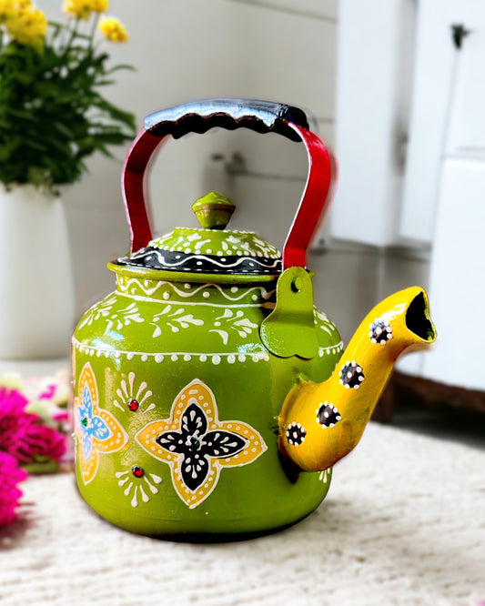 Artisanal Hand Painted Tea Kettle in Sheen Green Colour (Stainless Steel)