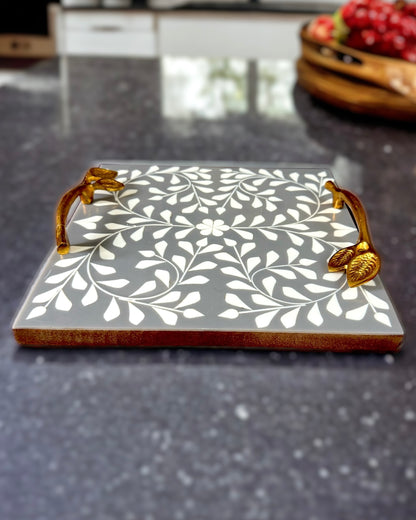 Handcrafted Square Grey Bone Inlay Tray/ Platter - 10 x 10 inches