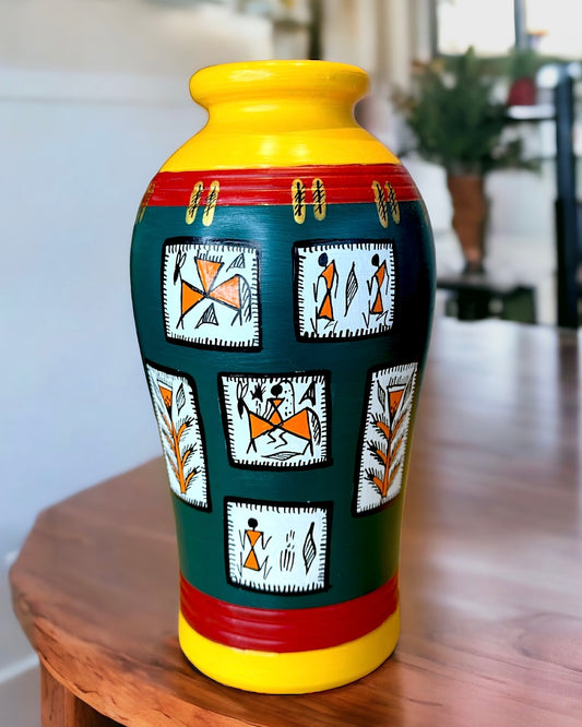 Handmade Terracotta Flower Vase Warli Painting - 8 inches