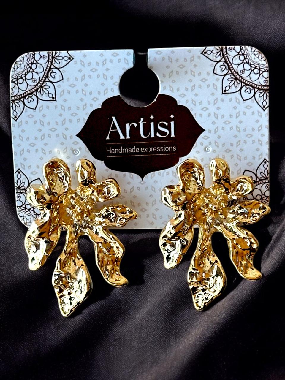 Gold-Toned Floral Statement Stud Earrings | Handmade Textured Metal Design | Elegant Fashion Jewellery