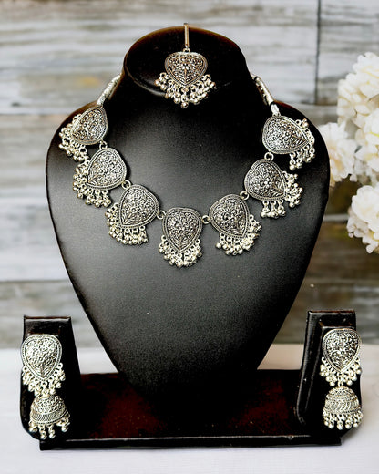 Oxidised Pear Shaped Necklace Set with Maang Tika