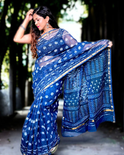 Handblock Kota Doria Saree in Indigo Blue