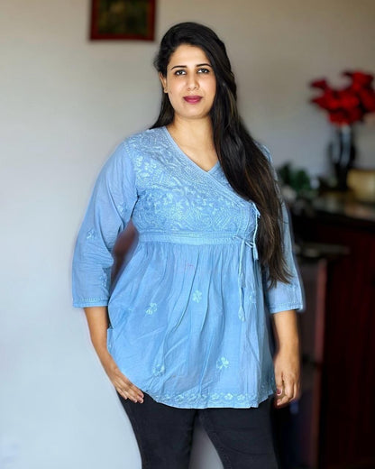 Chikankari Short Kurta (Top) - Blue with Blue Embroidery