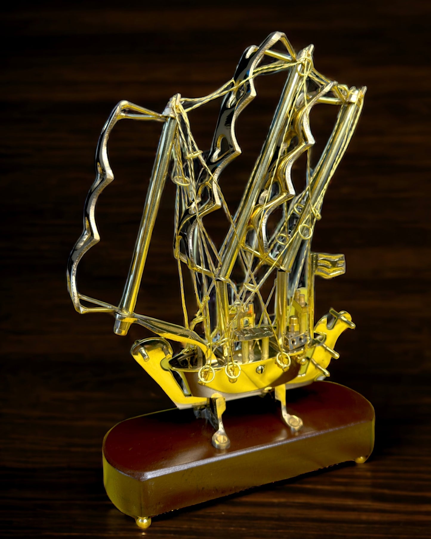 Brass Ship with Wooden Base - 10 inches