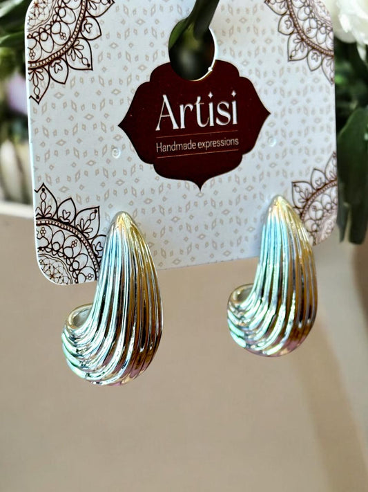 Handmade Silver Teardrop Earrings | Ribbed Wave Design | Metallic Finish