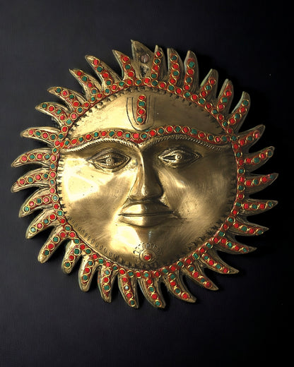 Brass Sun (Surya Deva) Face, Antique Finish with Stone Work Wall Hanging - 11 inches