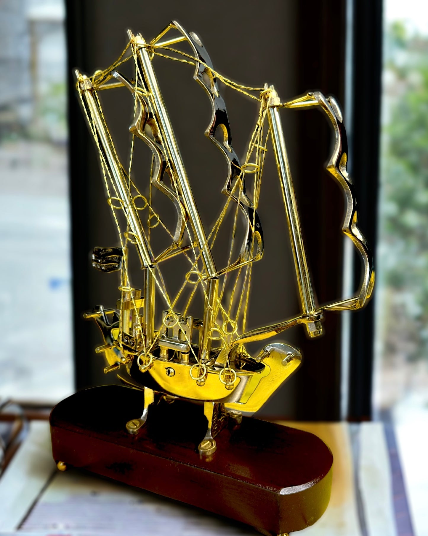 Brass Ship with Wooden Base - 10 inches