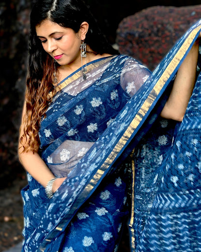 Handblock Kota Doria Saree in Indigo Blue