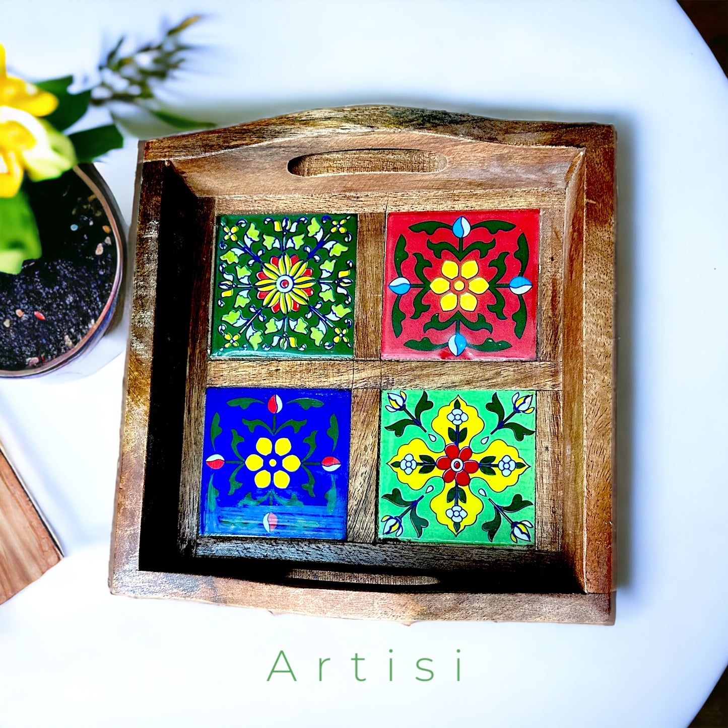 Blue Pottery and Wooden Handmade 4 Tile Tray