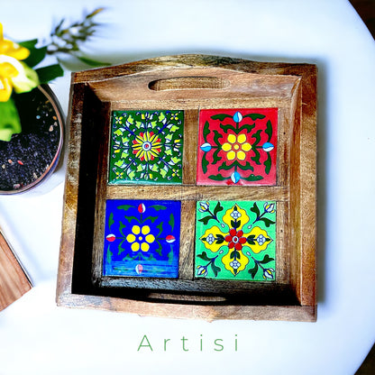 Blue Pottery and Wooden Handmade 4 Tile Tray