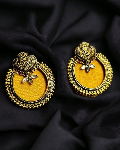 Fabric Earrings - Yellow with Kundan Work and Metal Embellishment