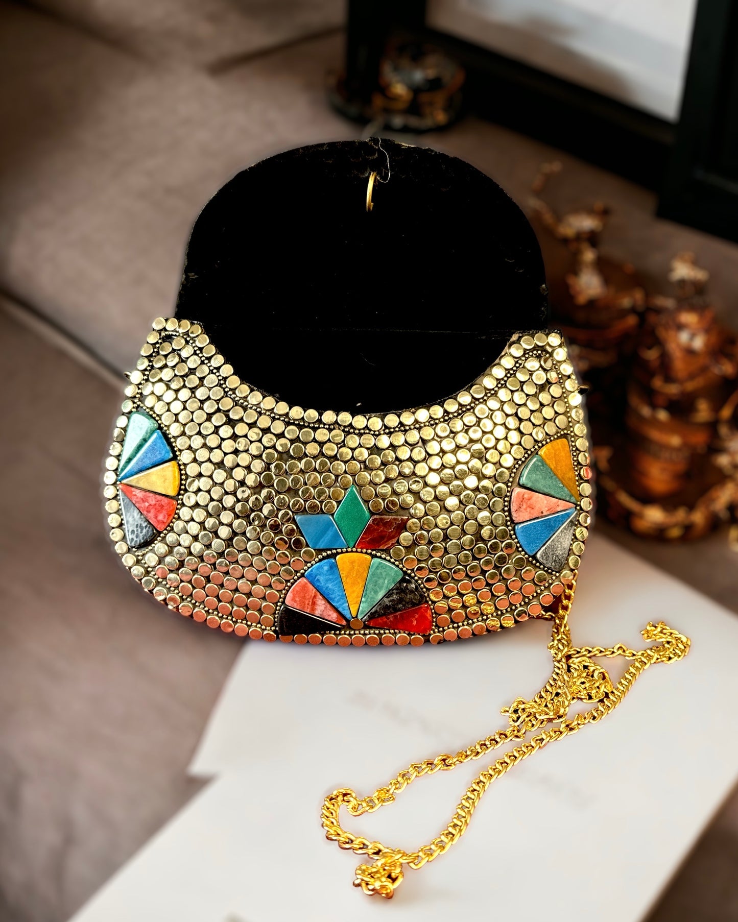 Embellished Gold and Multi Colour Mosaic Metal Clutch