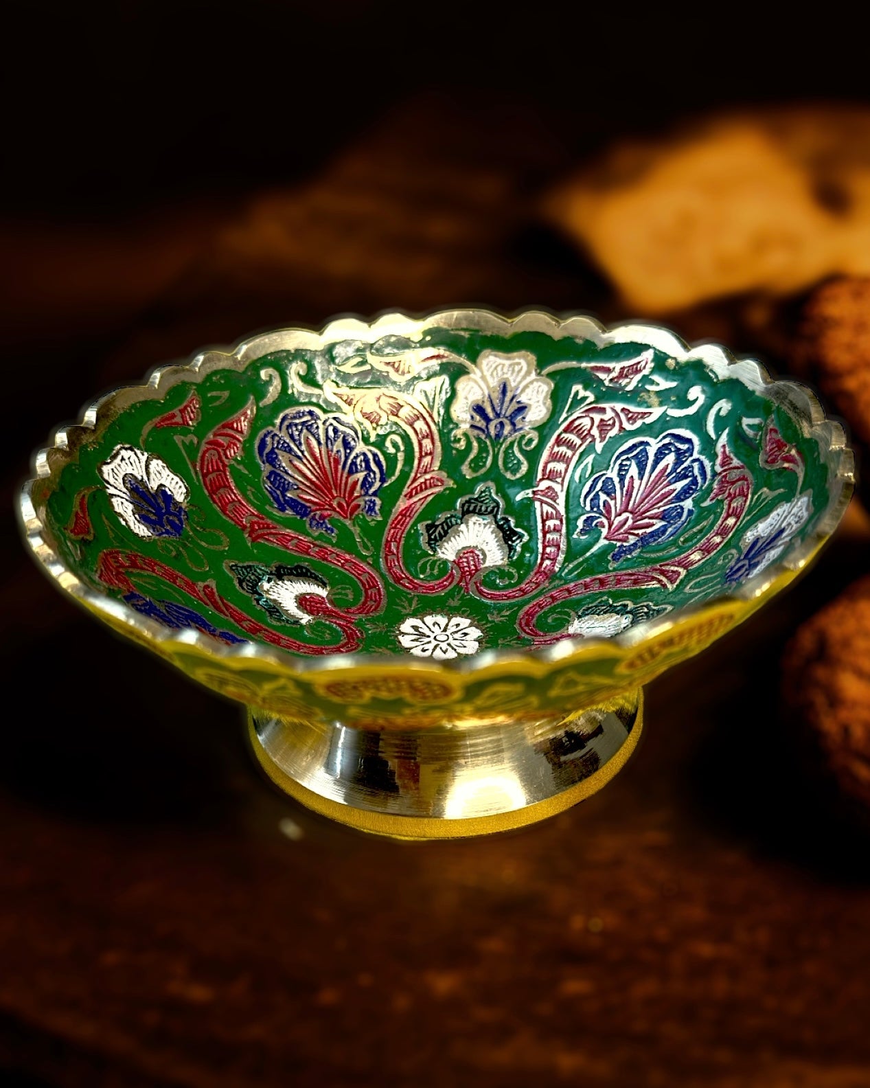 Brass Bowl with Meenakari Work (inside and outside) Green Colour - 6 inches