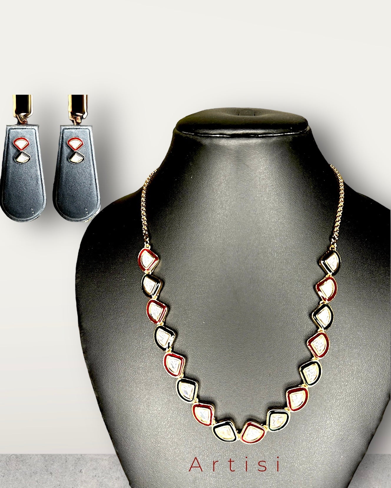 Gold Plated Kundan Triangular Shaped Hand-painted Necklace Set