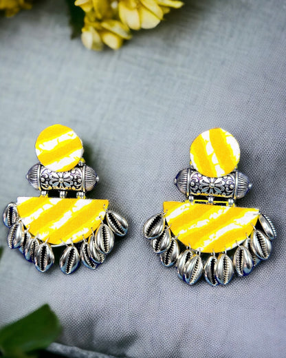Fabric Handmade Earrings with Metal Shells - Yellow/ White Painted
