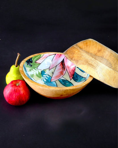 Hand Crafted Serving Bowls Wooden Enamel Flower Print - 8 Inches