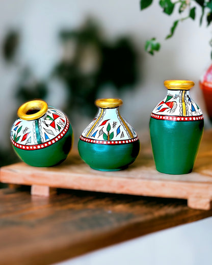 Handmade Terracotta Warli Painted Pot Set - 3 Pieces