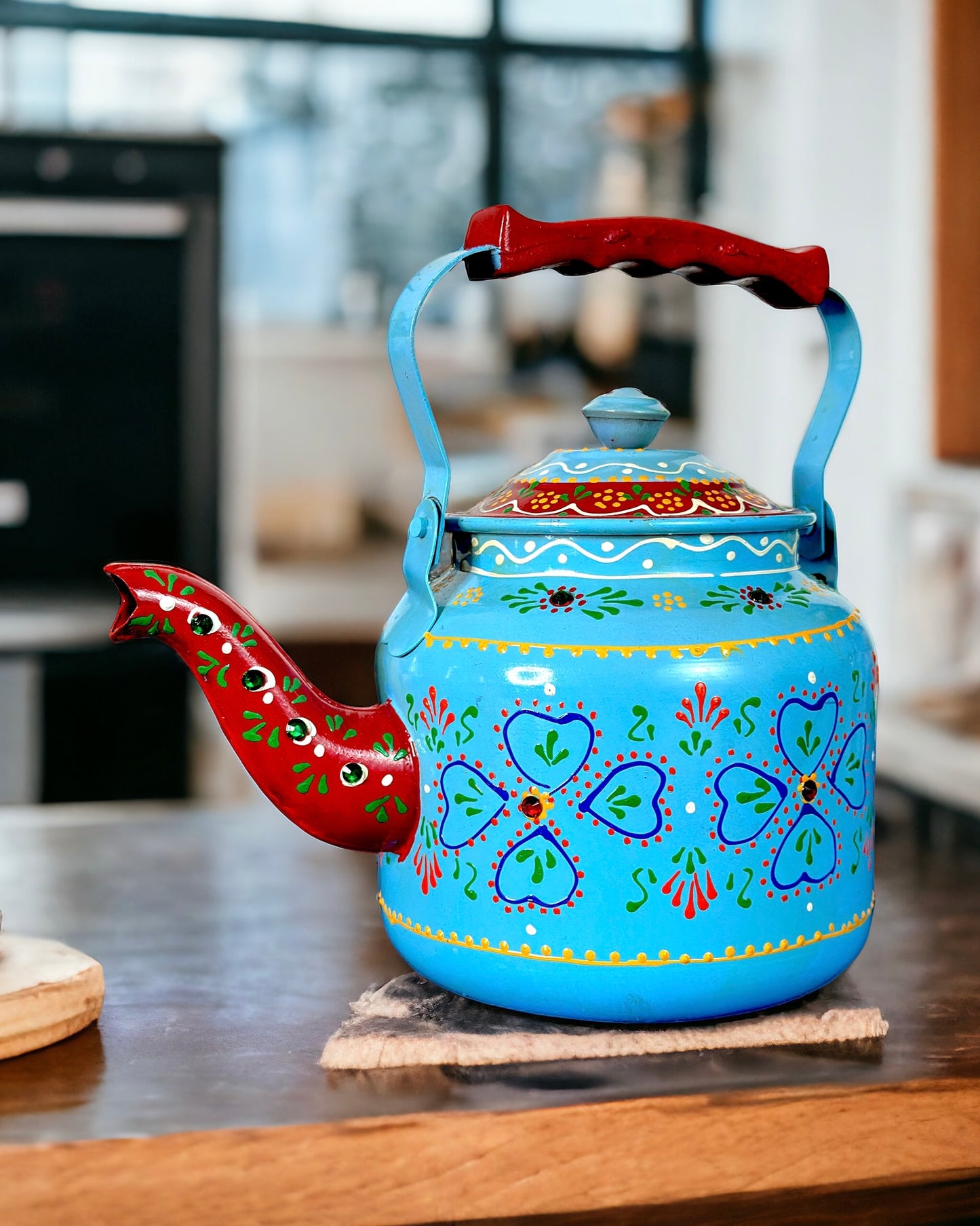 Artisanal Hand Painted Tea Kettle in Blue Colour (Stainless Steel)