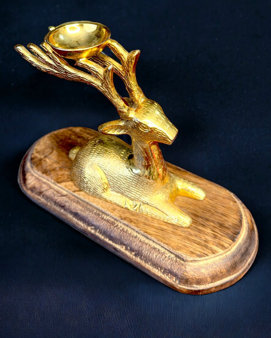 Brass Deer on Wooden Plaque Candle Holder - 9 inches