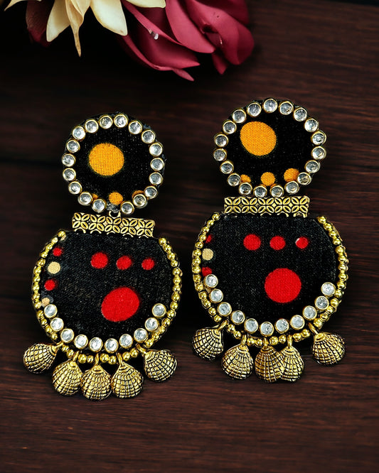 Fabric (Black) Kundan Work 2 Layer Earrings