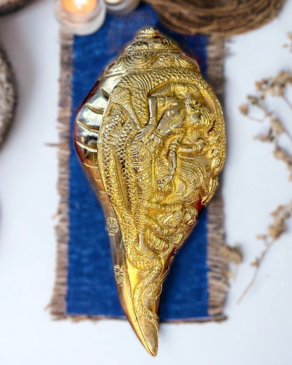 Antique Brass Shankh (Conch) with Lord Vishnu Carving - Wall Hanging